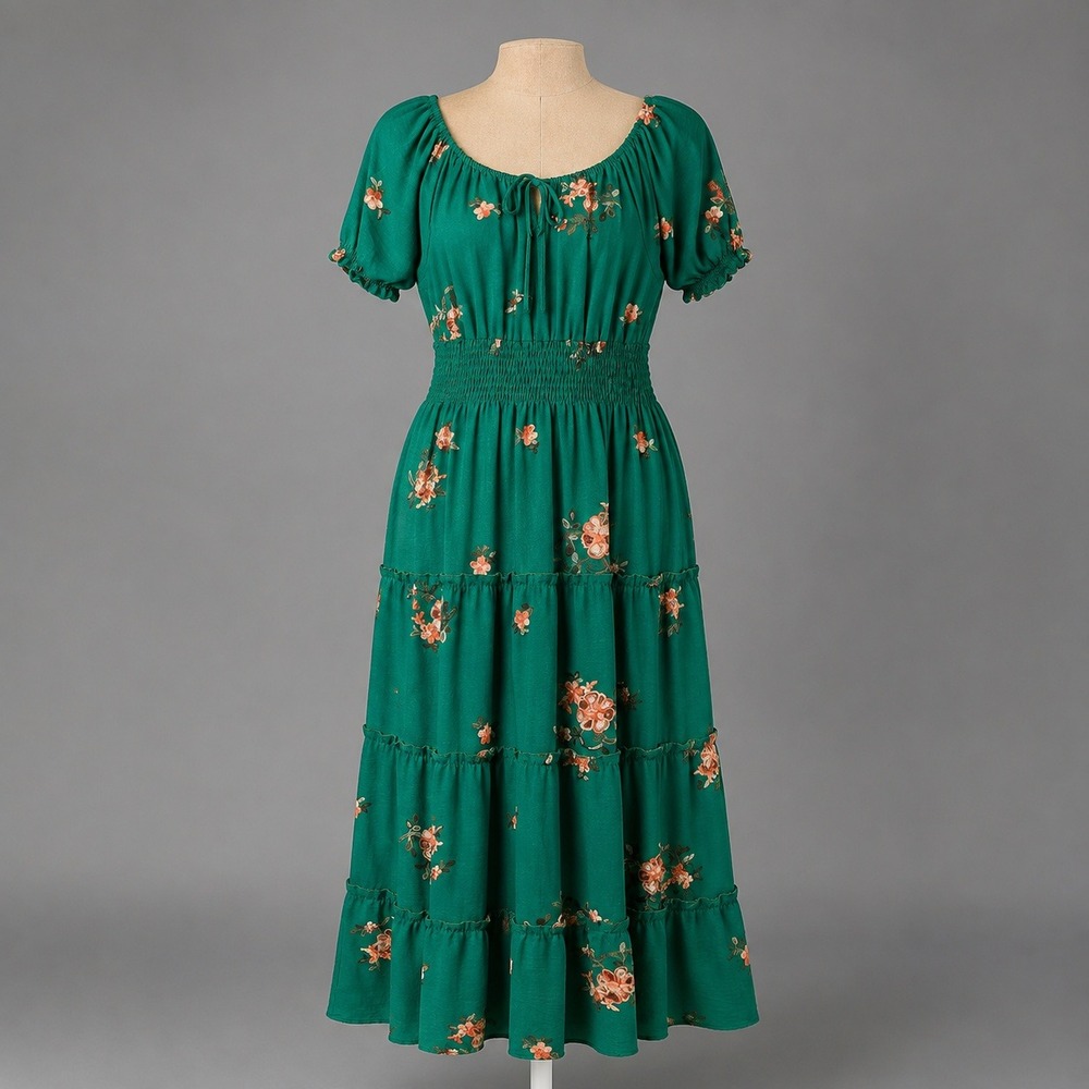 Anthropologie Kindred Floral Embroidered Peasant Maxi Dress Sz S Romantic Tiered
